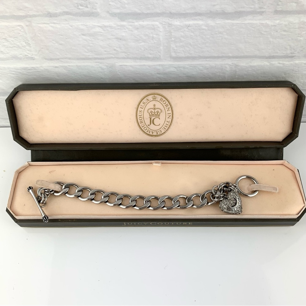 Vintage Y2K Juicy Couture Silver-Tone Pave Stones Charm Toggle Clasp Bracelet